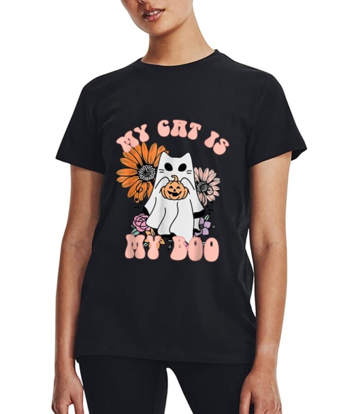My Cat Is My Boo Floral Groovy Ghost Cat Spooky Halloween Women T-Shirt