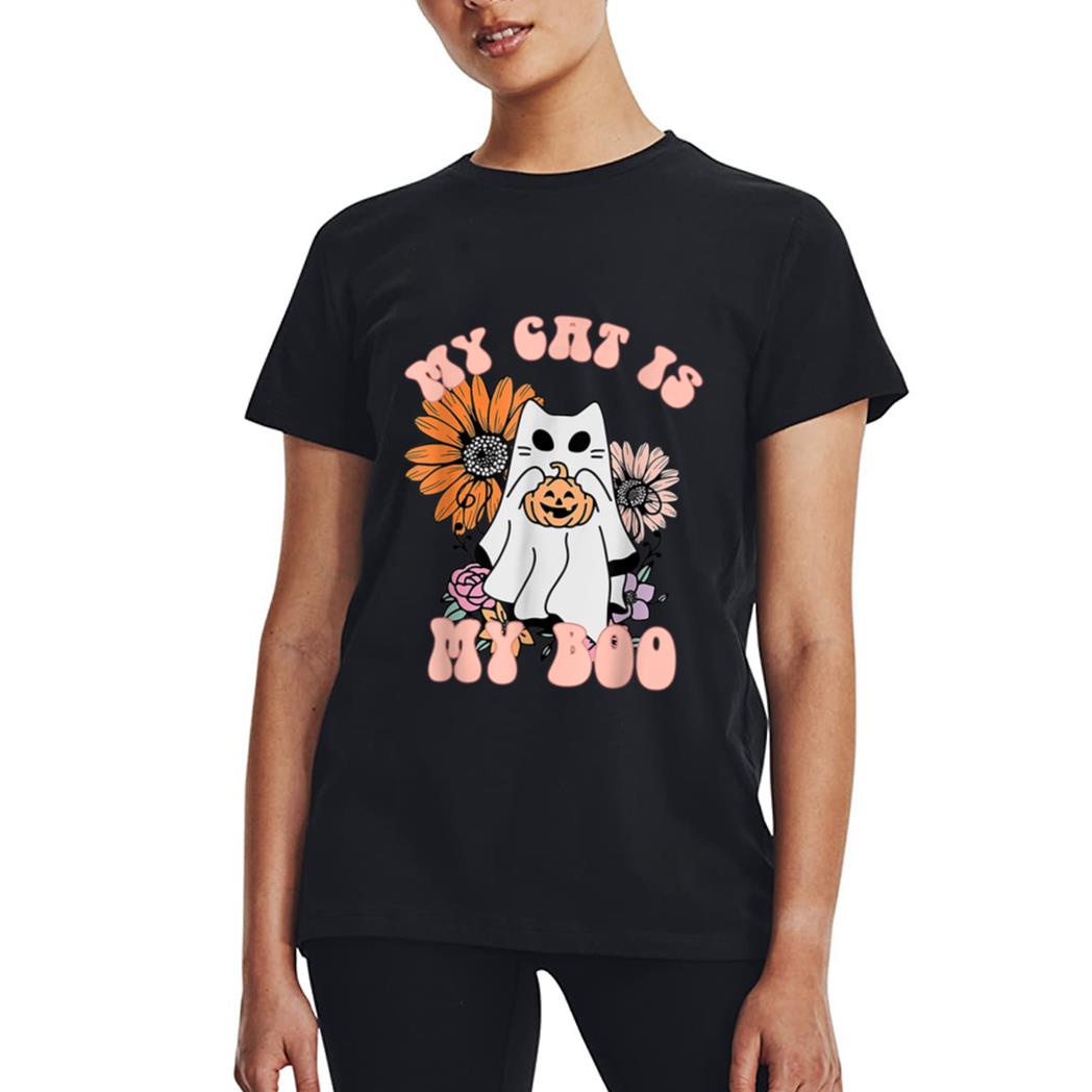 My Cat Is My Boo Floral Groovy Ghost Cat Spooky Halloween Women T-Shirt