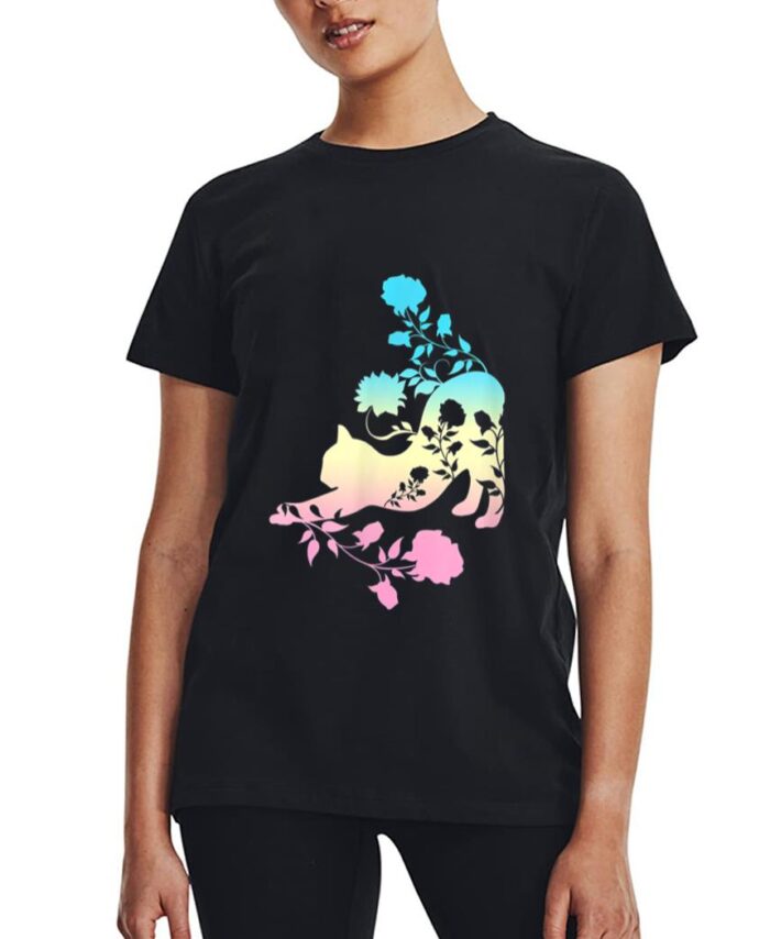 Pastel Stretching Cat With Roses Kitten Women T-Shirt