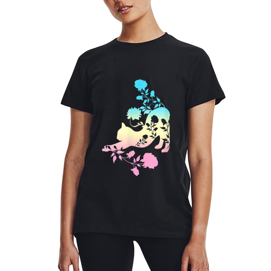 Pastel Stretching Cat With Roses Kitten Women T-Shirt