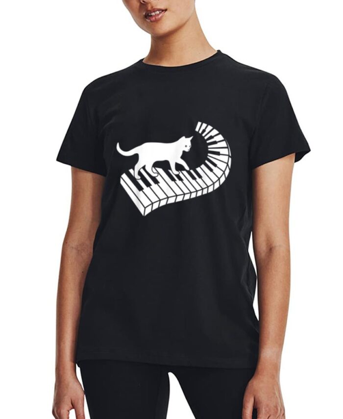 Piano Cat Funny Piano Player Musician Keyboard Pianist Cat Women T-Shirt