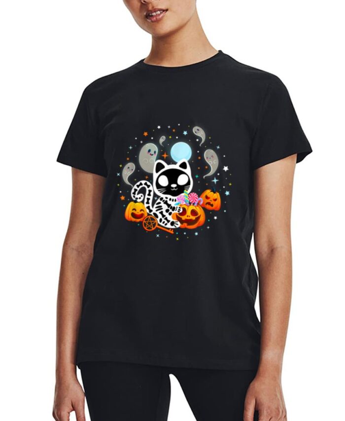 Skeleton Cat Halloween Shirt Kids Spooky Black Cat Halloween Women T-Shirt