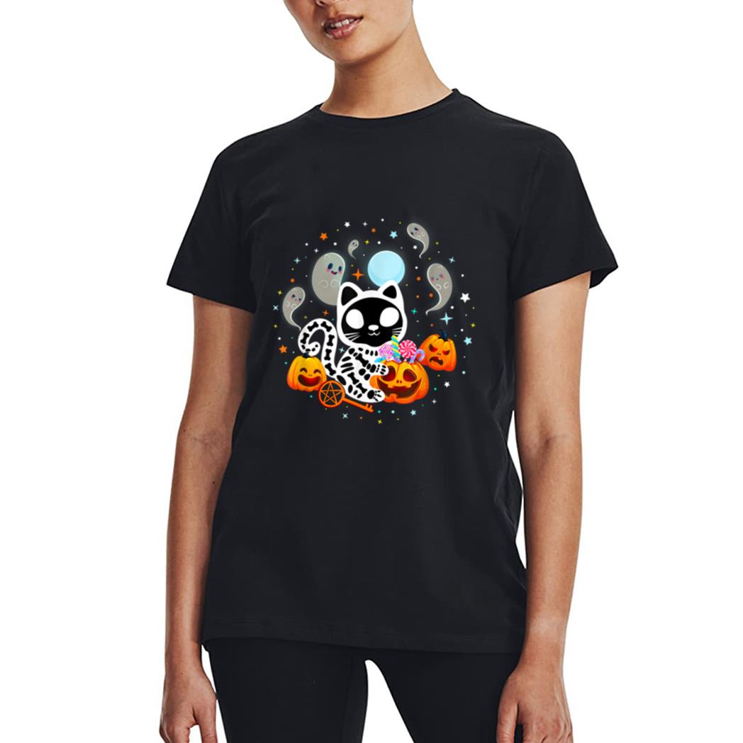 Skeleton Cat Halloween Shirt Kids Spooky Black Cat Halloween Women T-Shirt
