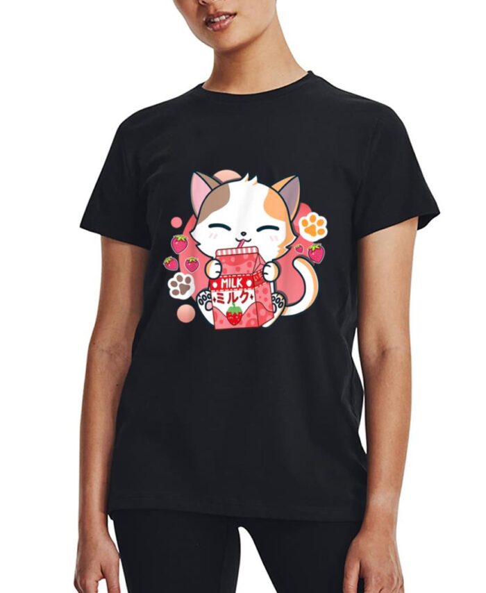 Strawberry Milk Cat Cute Kawaii Kitten Anime Gift Teen Girls Women T-Shirt