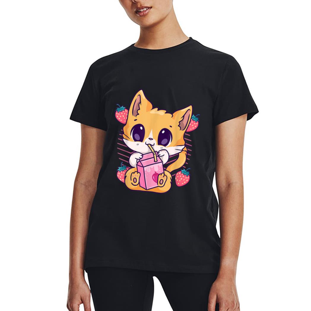 Strawberry Milk Cat Cute Kawaii Kitten Anime Neko Shake Women T-Shirt