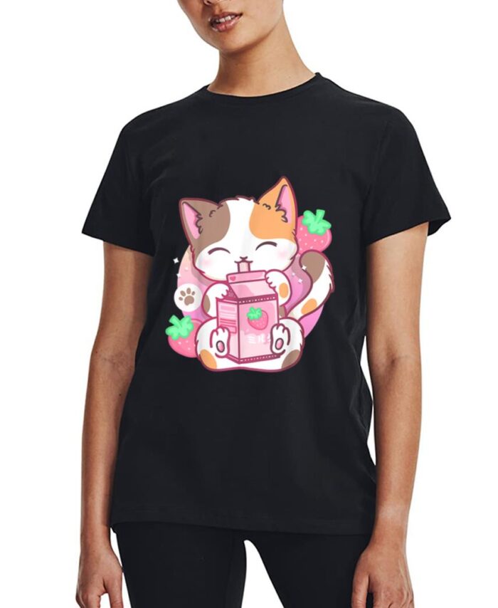 Strawberry Shake Strawberry Milk Cat Kawaii Neko Anime Girls Women T-Shirt