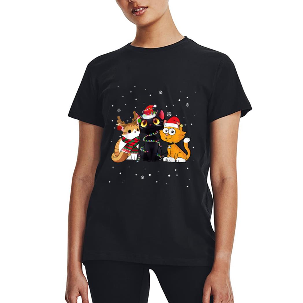 Three Cat Christmas Funny Kitty Santa Hat And Lights Gifts Women T-Shirt