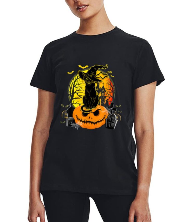 Vintage Black Cat Witch Scary Halloween Costume Kids Boys Women T-Shirt
