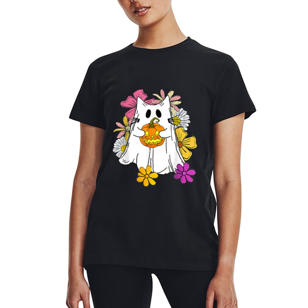 Vintage Floral Ghost Cat Halloween Graphic Women T-Shirt