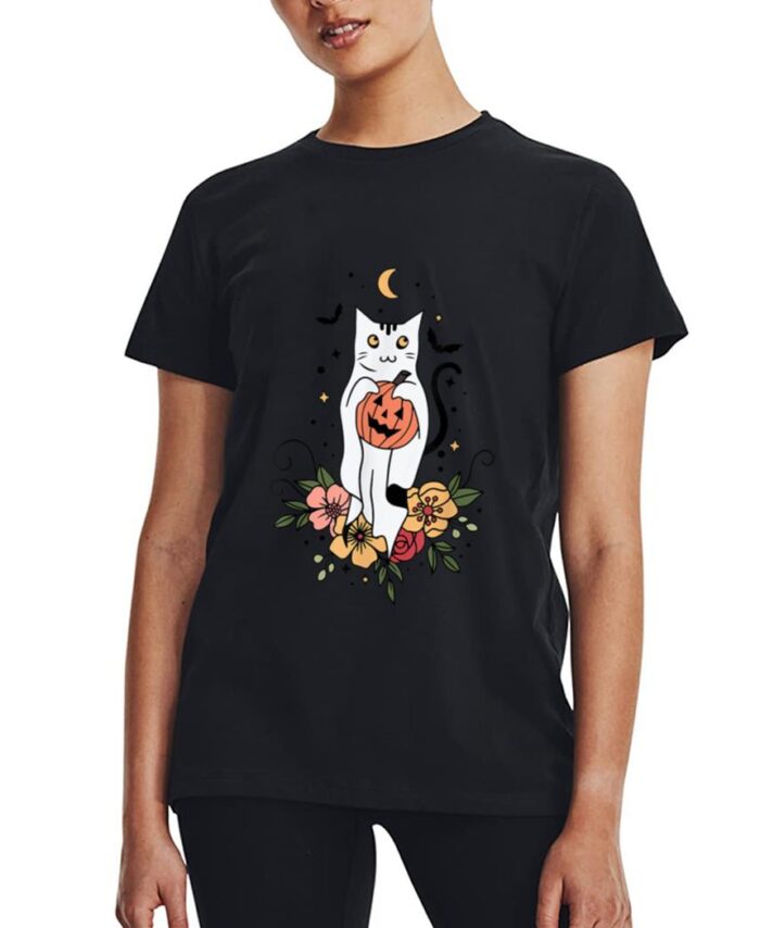 Vintage Floral Halloween Cat Ghost Pumpkin Auntum Women Kids Women T-Shirt
