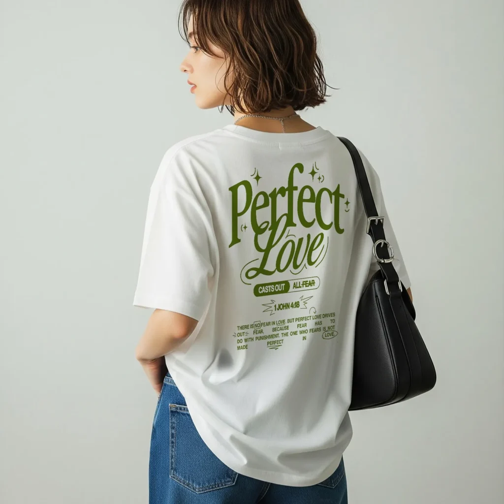 Frioxpew T-shirt production – showcasing high-quality printing process with graphic design “Perfect Love”, representing craftsmanship and detail in apparel making.